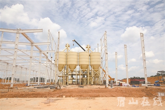 眉山澳力鑫新材料有限公司二期項目建設現場，工人正全力以赴趕工期。