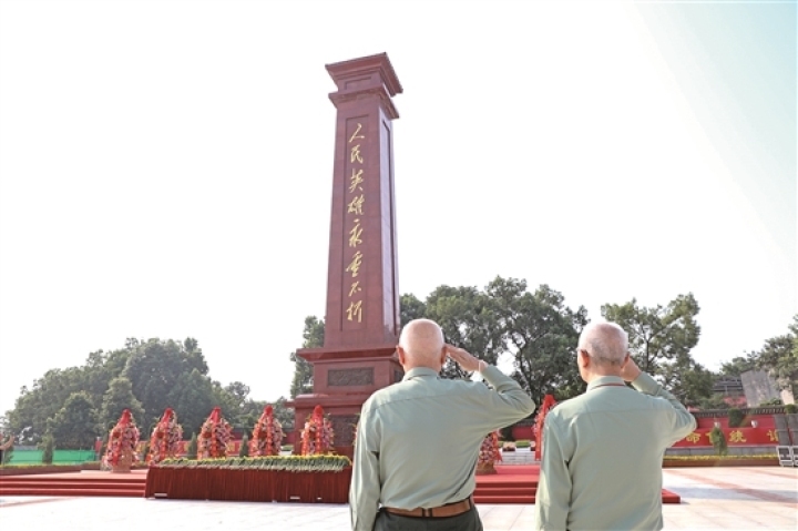 退伍老兵在東坡區烈士陵園向人民英雄紀念碑敬禮。