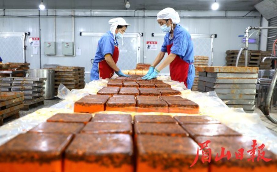 四川廚豐食品有限公司的生產車間內，工人正在制作火鍋底料。