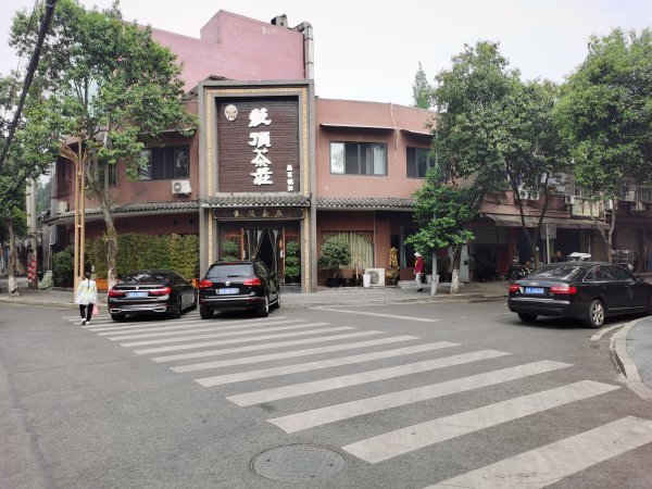  彭山區紫薇路，“蒙頂茶莊”門口，車輛隨意停放。